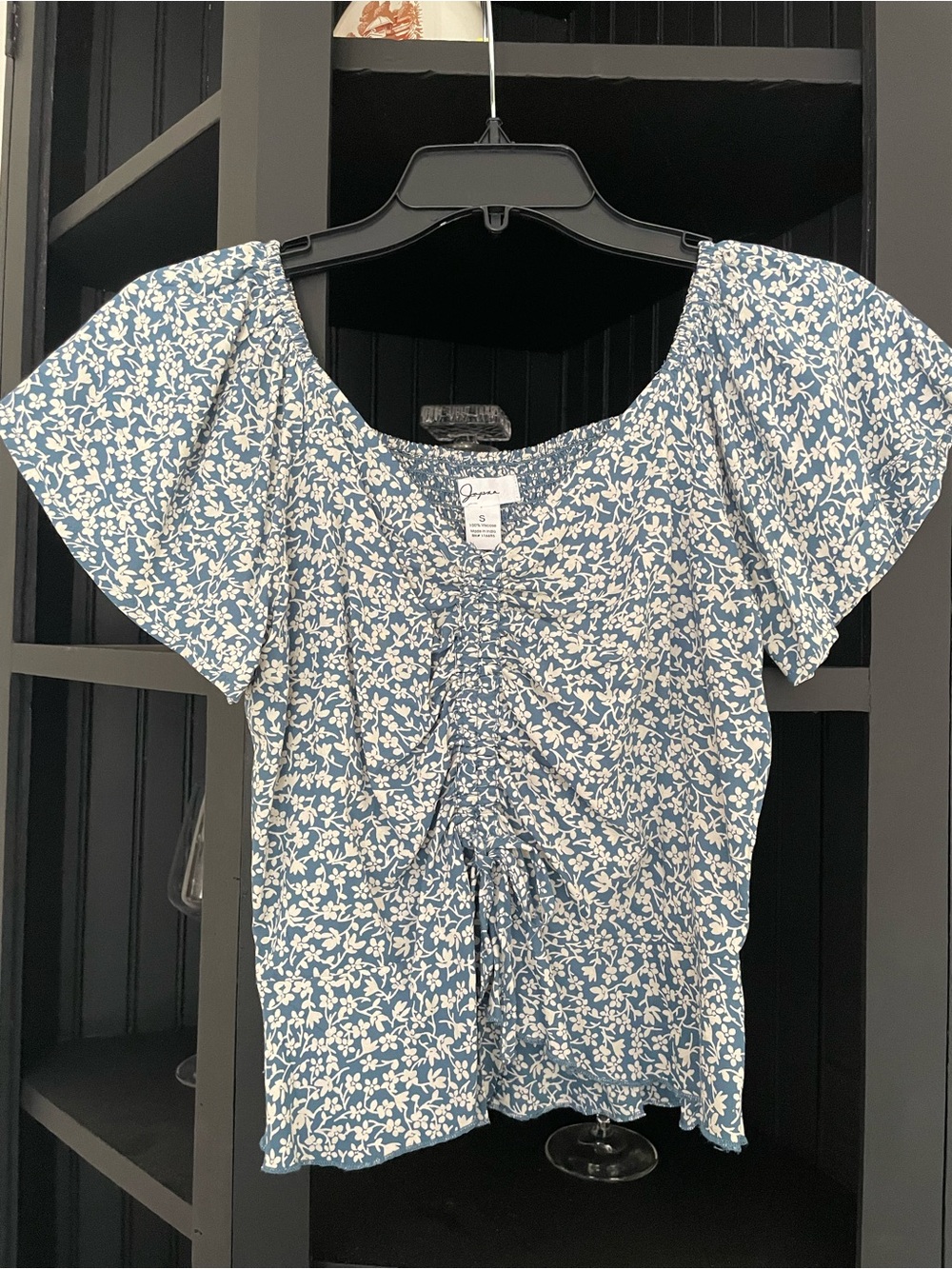 Japna Blue and White Floral Drawstring Scoop Neck Blouse
